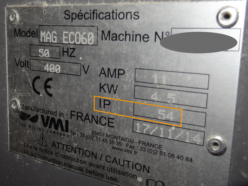 Exemple d'indice de protection IP54 sur pétrin de boulangerie VMI MAG ECO60