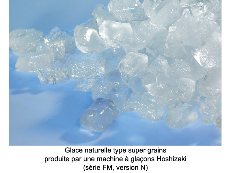 Aspect de la glace super grains d'une machine a glaçons professsionnelle Hoshizaki, série FM, version N 