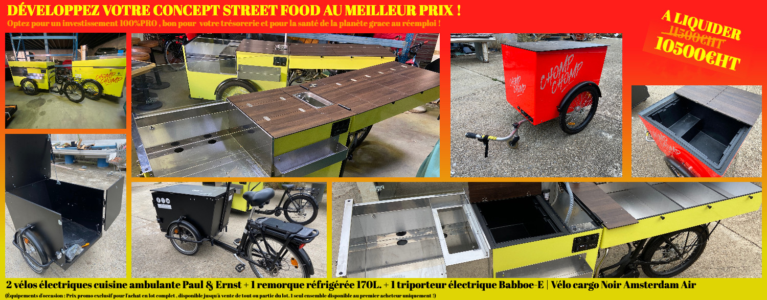 bandeau d'illustration de promotion d'un pack vélos food-truck et triporteur électrique d'occasion