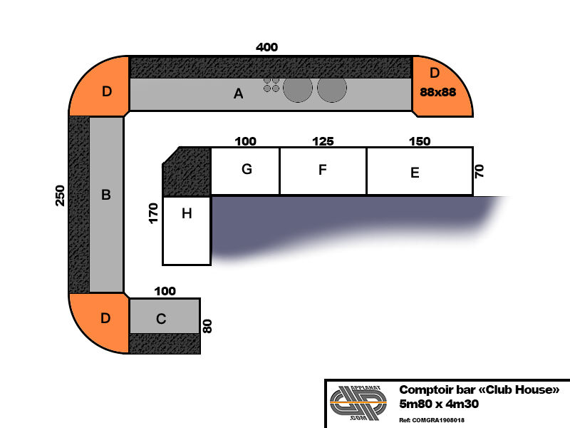 Plan de coomptoir de bar en îlot ± 5m80 x 4m30