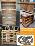 Lot : gondoles magasin en bois + présentoir en bois + comptoir d'accueil en bois