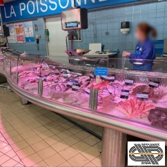 Grand étal de rayon poissonnerie de supermarché : 6m60 ondulé vitré réfrigéré • Tournus