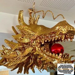 Déco asiatique : plafonnier géant dragon chinois doré 