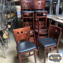 Chaises bistro bois & cuir synthétique | lot à liquider en gros ( 42 sièges dont 4 hauts )