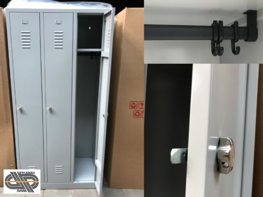 Vestiaire metallique monobloc à trois portes, avec fermeture à moraillon + detail penderie  + detail moraillon