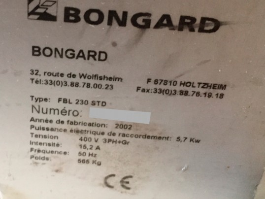 plaque signaletique pétrin axe oblique Bongard FBL 230 standard