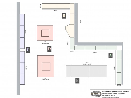 Plan d'implantation pour présenter un lot de mobilier d'occasion idéal épicerie fine, vente de vin et bières