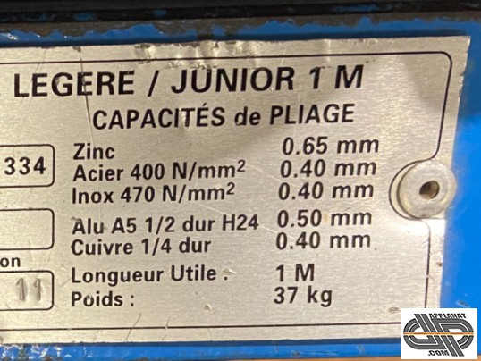 tableau des capacités d'une plieuse Plieuse DIMOS Légère Junior 1 M