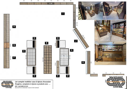 Plan de l'ensemble de meubles épicerie fine orientale d'occasion vendu en lot complet à liquider