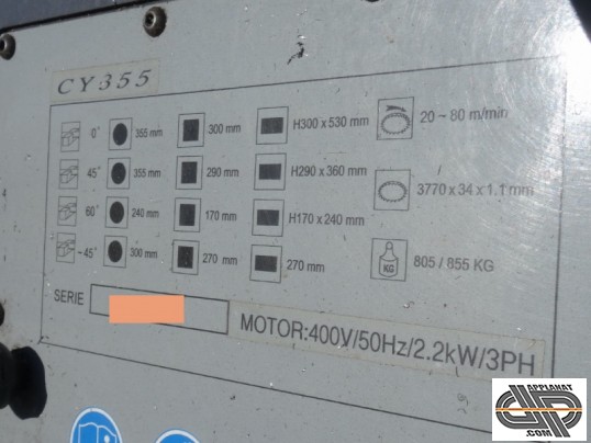 Scie à ruban semi automatique - Modèle CY355 ( Ø 355 mm à 90°) capacités