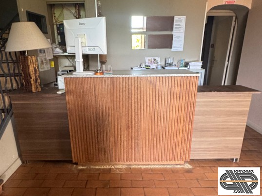 Banque d’accueil d'occaison vue de face : partie centrale en bois menuisé avec décor à lattes verticales et tablette en granit clair, complétée par de