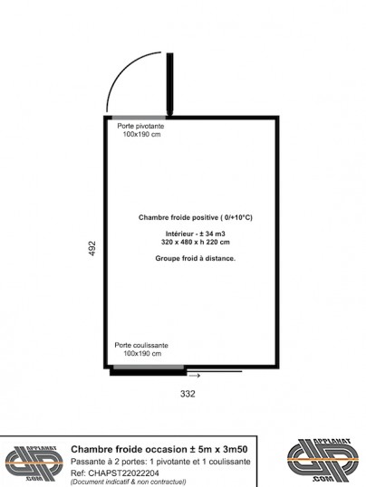 schéma chambre froide 16m2 34m3 porte pivotante et porte coulissante