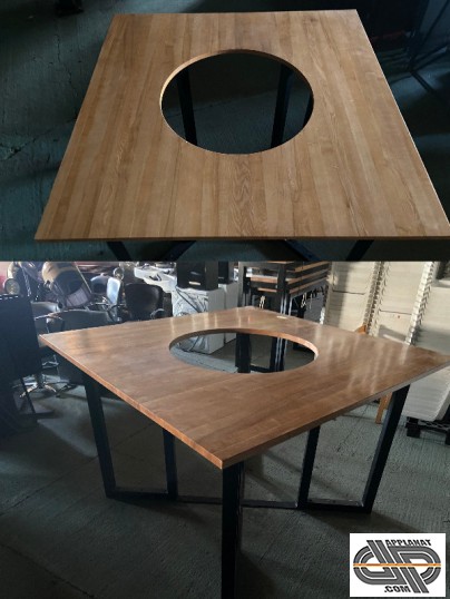 Table haute carrée 1m60 design avec Découpe circulaire Ø 80 cm au centre