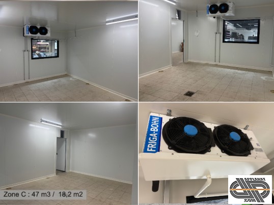 Zone C – 47 m³ / 18,2 m² - Cellule C réfrigérée avec évaporateur Friga Bohn – panneaux sandwich – fenêtre intérieure – adaptée pour transformation ali