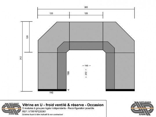 plan d'une vitrine réfrigérée modulaire d'occasion en U a vendre