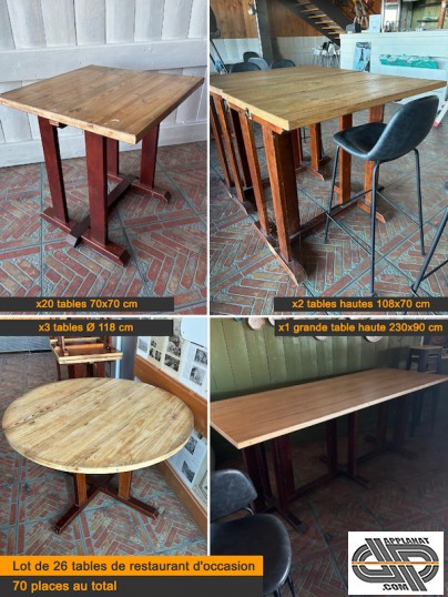 Lot de tables de restaurant en bois d'occasion de différents formats