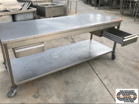 Table inox centrale avec roues - 2m20 à 2 tiroirs occasion - VENDU