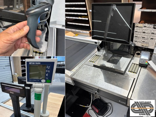 Équipement électronique de caisse complet – scanner ZEBRA, balance METTLER TOLEDO, écran tactile FEC pour îlot d'encaissement HMY Infini Regular d'occ